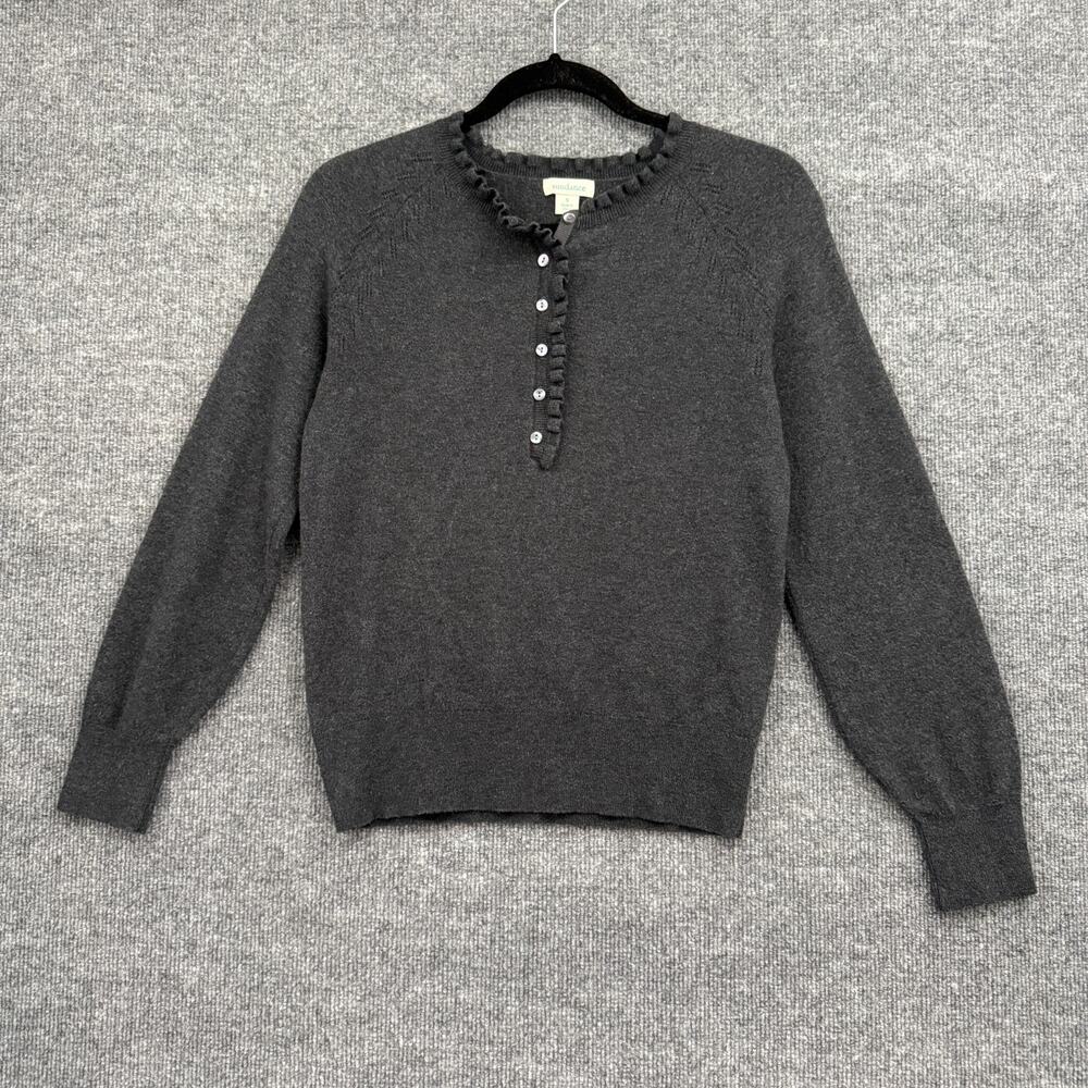 Sundance Ruffled Henley Sweater Womens S Charcoal Cotton Wool Classic Preppy